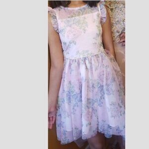 Beautiful Little Girls Pink Floral High and Low Dress with Butterflies Size 12